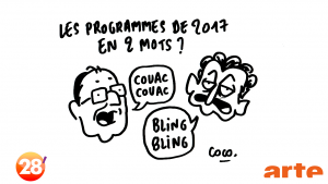 Invités et invitants voient les dessins de presse insérés dans l'émission : Coco résume la présidentielle de 2017